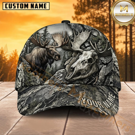 Maxcorners Moose Hunting Bull Moose Vintage Moose Skull Gray Forest Camo Customized Name 3D Cap