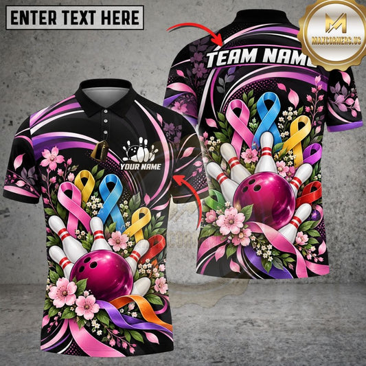 Maxcorners Bowling Cancer Awareness Ribbons Floral Cherry Blossom Ball Pins Graphic Customized Name, Team Name 3D Shirts