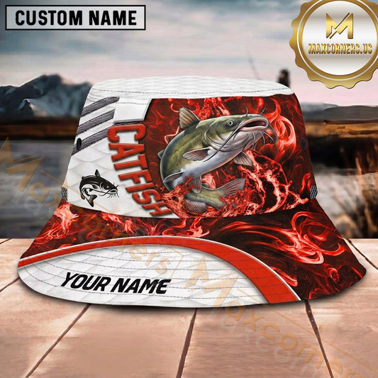 Maxcorners Fishing Red Flame Personalized Name 3D Bucket Hat (12 Fish Species)