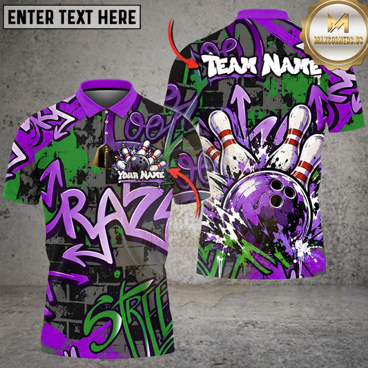 Maxcorners Bowling Ball & Graffiti Pin Strike Graphic Multicolor Customized Name, Team Name 3D Shirts