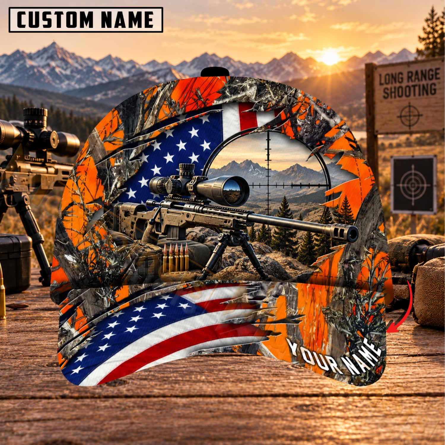 Maxcorners Long Range Shooting Blaze Patriotic Rifle Personalized Name 3D Cap