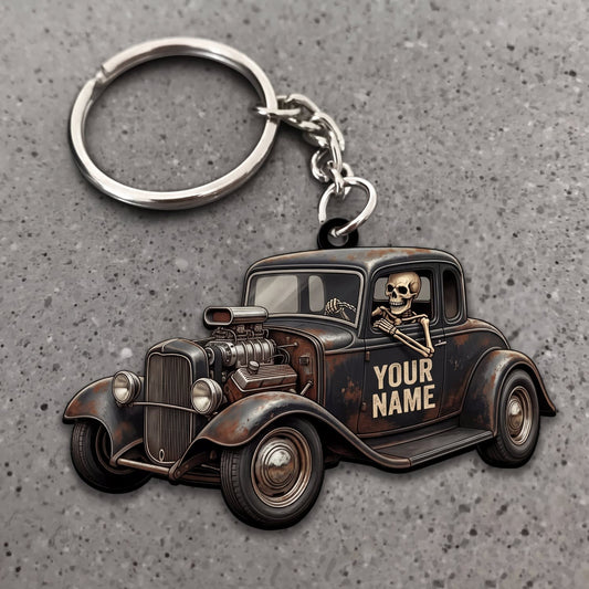 Maxcorners Hot Rod Rusty Brown Vintage Coupe with Skull Driver and Rat Rod Design Personalized Name 3D Keychain And Ornament