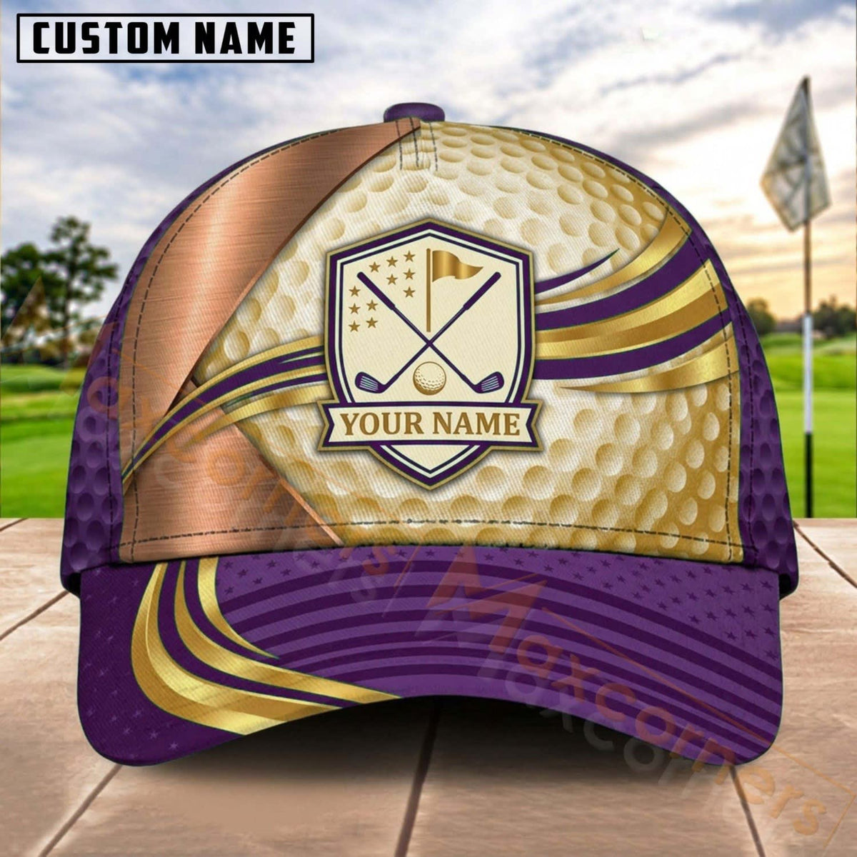 Maxcorners Golf Crossed Clubs Shield Gold Curve Personalized Name 3D Cap (7 Colors)