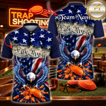 Maxcorners Trap Clay Shooting American Eagle & Patriotic Flag Personalized Name 3D Unisex Shirt