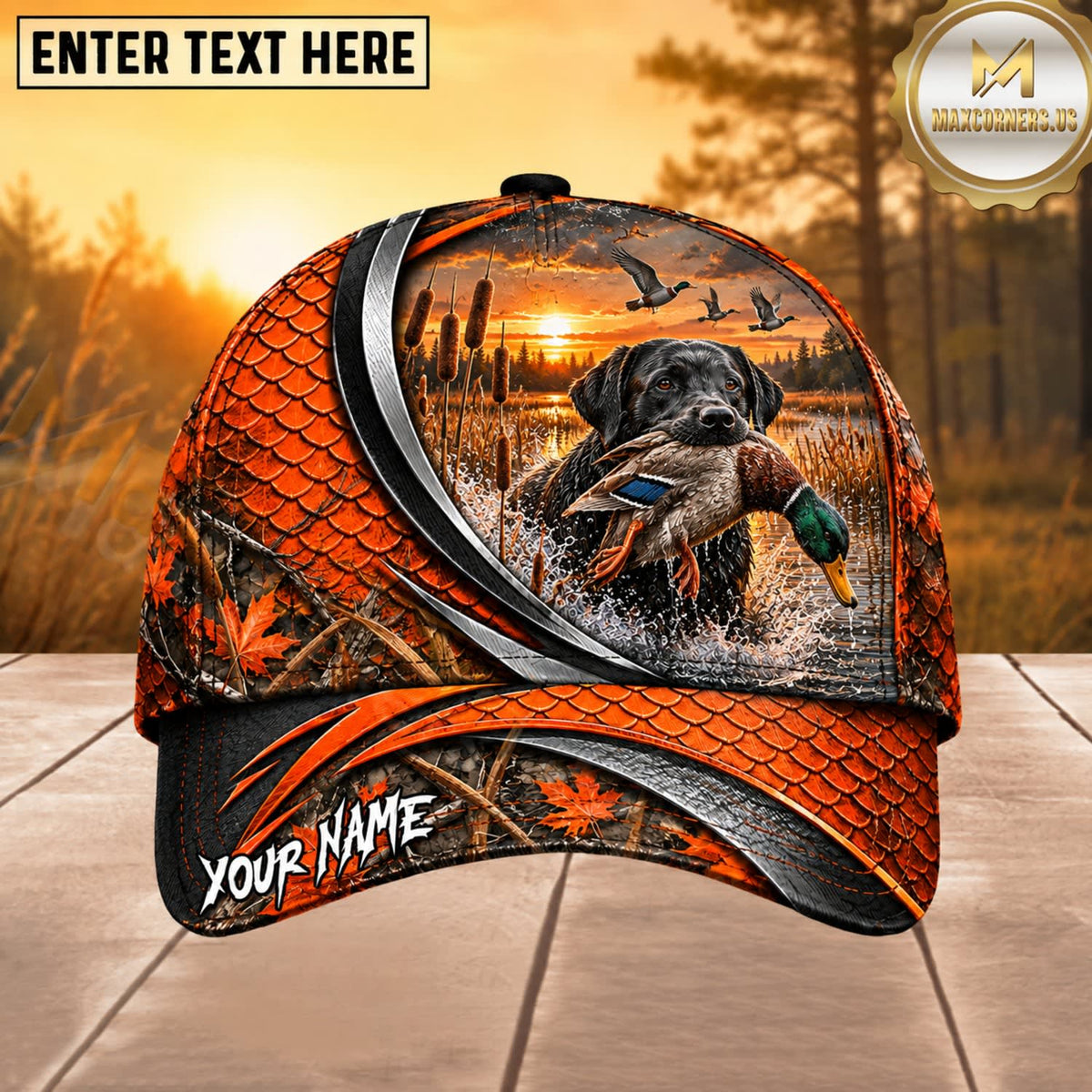 Maxcorners Dog Hunting And Duck Orange Black Curved Stripe Marsh Sunset Scene Multiple Options Personalized Name 3D Cap