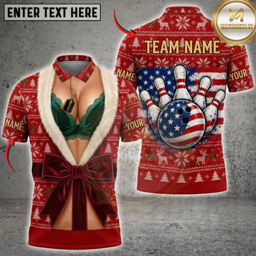 Maxcorners Bowling Funny Christmas Elf American Flag Bowling Pins Personalized Name 3D Unisex Shirt