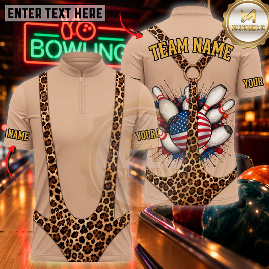 Maxcorners Bowling Leopard Swimsuit Funny Chest US Pins Shirt Customized Name, Team Name 3D Shirts