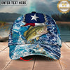 Maxcorners Fishing Texas Flag Ocean Wave Personalized Name 3D Cap (12 Fish Species)