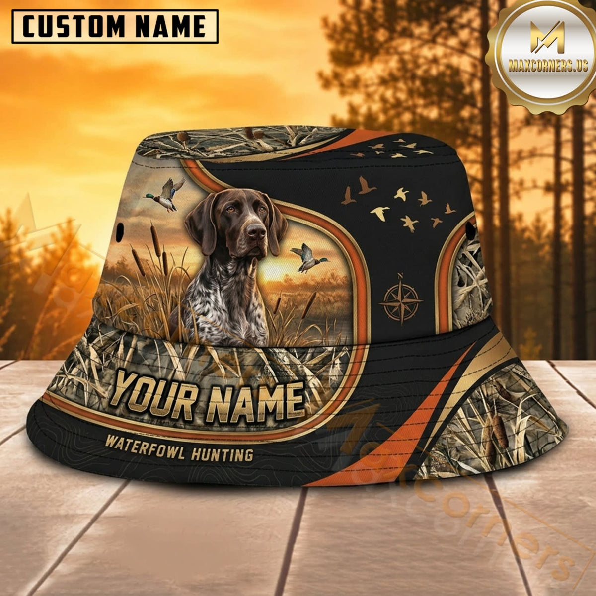 Maxcorners Hunting Dog Black Orange Star Graphic Personalized Name 3D Bucket Hat
