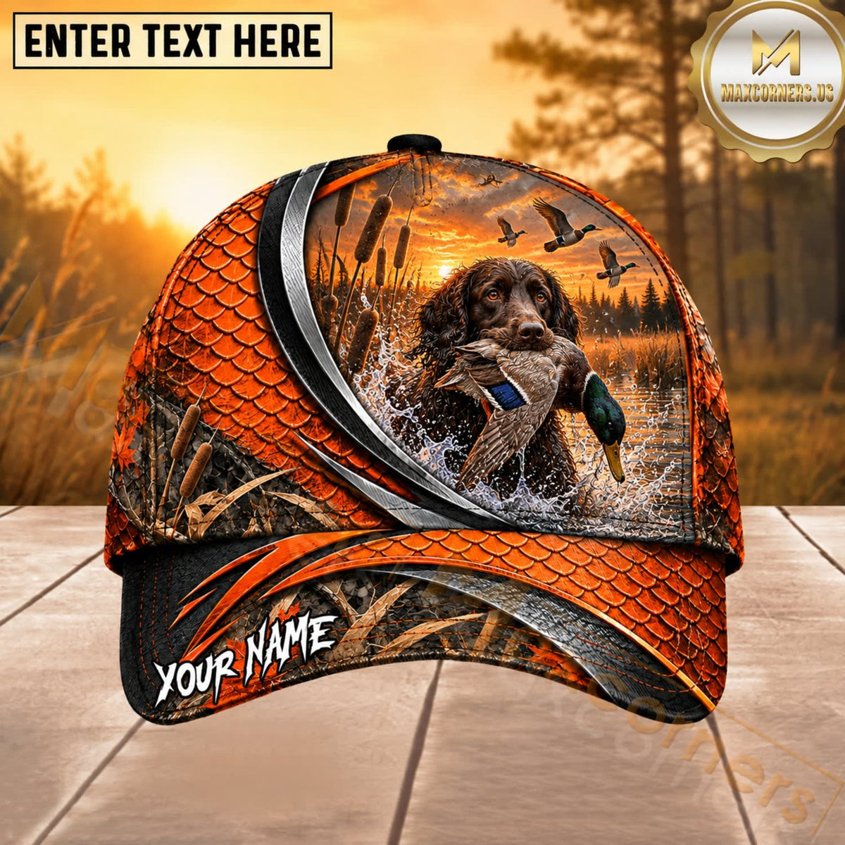 Maxcorners Dog Hunting And Duck Orange Black Curved Stripe Marsh Sunset Scene Multiple Options Personalized Name 3D Cap