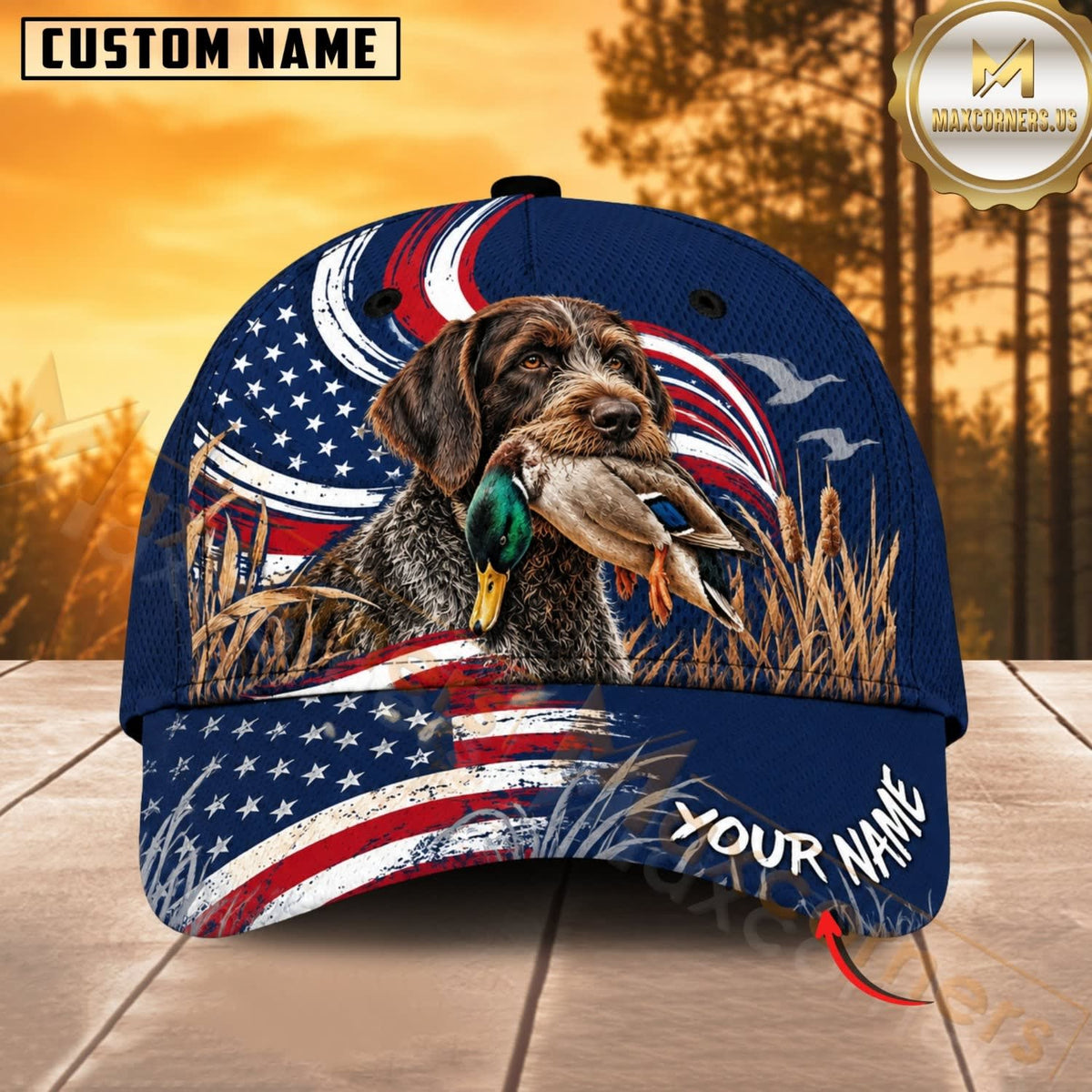Maxcorners Dog Hunting And Duck Navy Blue Patriotic American Flag Personalized Name 3D Cap