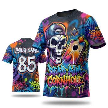 Maxcorners Cornhole Neon Skull Cosmic Graffiti Personalized Name 3D Unisex Shirt