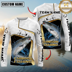 Maxcorners Fishing White Marble & Gold Trim Mahi Mahi Splash Heartbeat Line Personalized Name, Team Name 3D Long Sleeve Shirt (Mahi-mahi, Tuna, Chinook, Marlin, Striped Bass, Salmon)