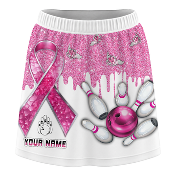 Maxcorners Customized Bowling Trouser Skirts With Shorts Underneath, Bowling Pink Ribbon Glitter Skorts With Pockets
