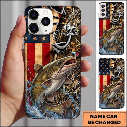Maxcorners Rustic American Flag Woodland Personalized Name Phone Case (13 Fish Species)