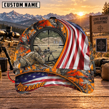 Maxcorners Long Range Shooting Blaze Orange American Flag Sniper Personalized Name 3D Cap