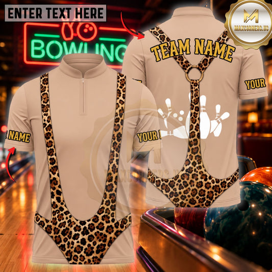 Maxcorners Bowling Leopard Print Body Suspenders Pins Graphic Customized Name, Team Name 3D Shirts