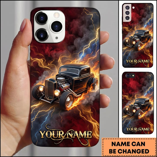Maxcorners Hot Rod Black Vintage Car with Golden Lightning and Fiery Smoke Personalized Name 3D Phone Case