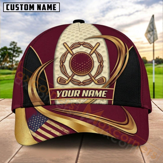 Maxcorners Golf Crossed Clubs Shield Gold Curve Personalized Name 3D Cap (7 Colors)