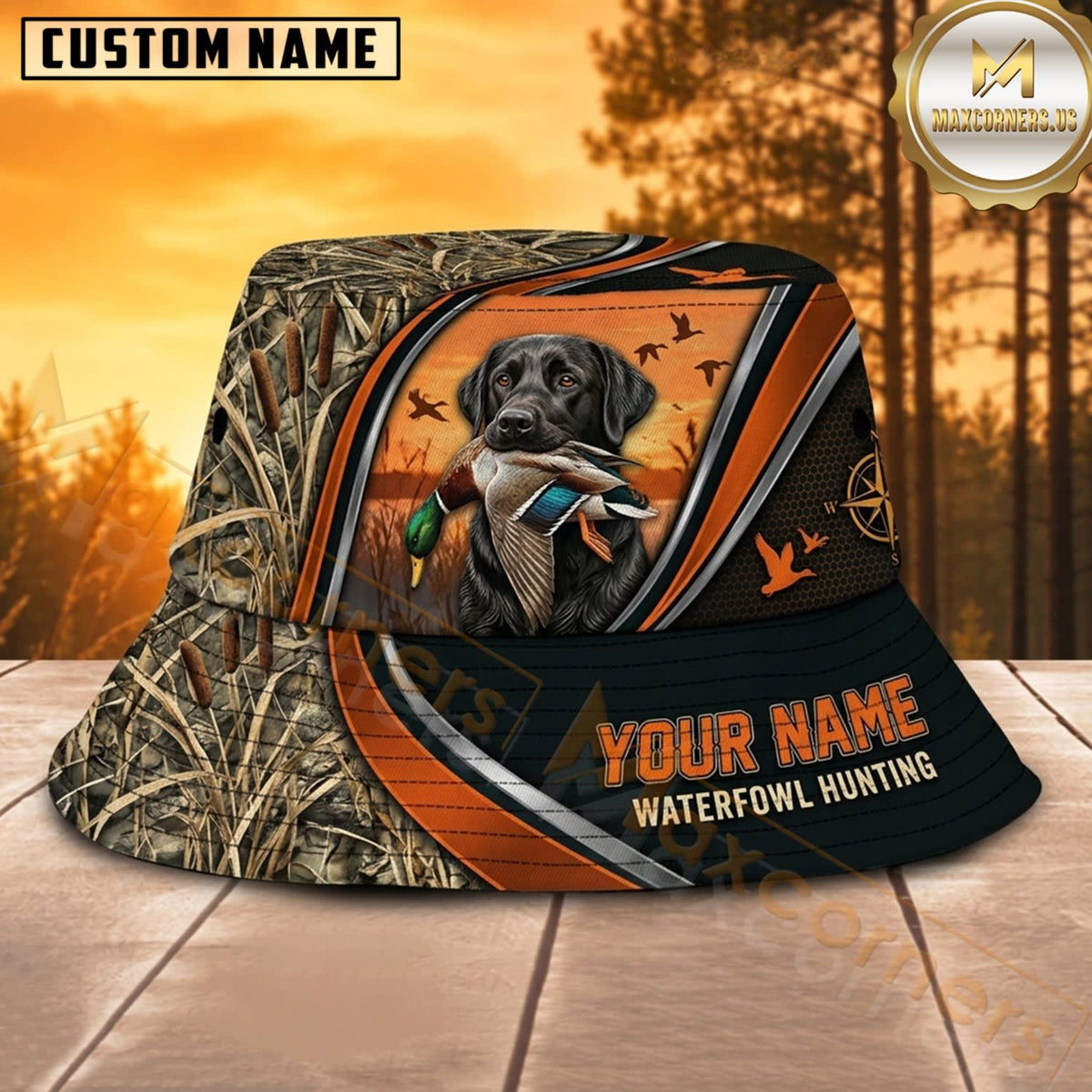 Maxcorners Labrador Hunting Orange Racing Stripe Personalized Name 3D Bucket Hat