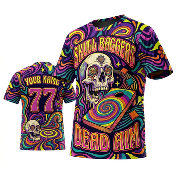 Maxcorners Cornhole Dead Aim Neon Skull Personalized Name 3D Unisex Shirt