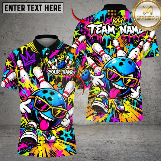 Maxcorners Bowling Cool Mascot Sunglasses Crown Graffiti Paint Splatter Pins Graphic Customized Name, Team Name 3D Shirts