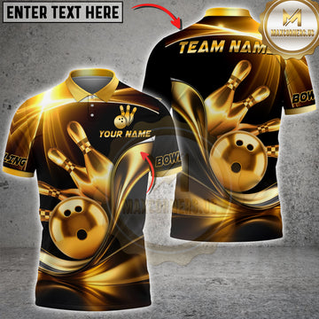 Maxcorners Bowling Golden Strike Bowling Pins Luxury Black Gold Multiple Personalized Name, Team Name 3D Shirt