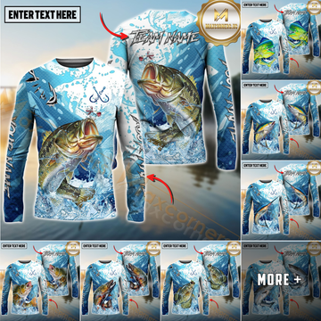 Maxcorners Fishing Blue Water Splash Personalized Name, Team Name 3D Long Sleeve Shirt ( 12 Fish Species)