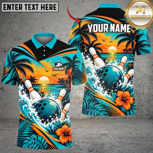 Maxcorners Bowling Tropical Beach Sunset Ocean Waves Hibiscus Pins Strike Artwork Multicolor Customized Name, Team Name 3D Shirts