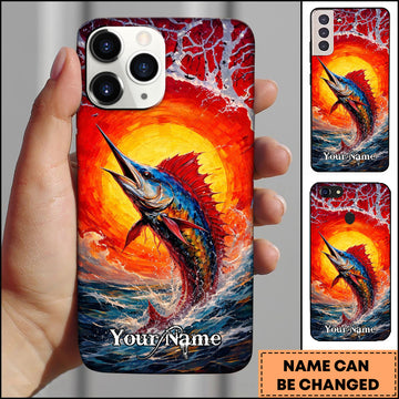 Maxcorners Marlin Fishing Fiery Sunburst Ocean Art Personalized Name 3D Phone Case