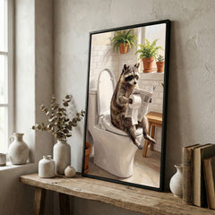 Maxcorners Raccoon Sitting on Toilet Reading Newspaper Bathroom Humor Canvas Wall Art
