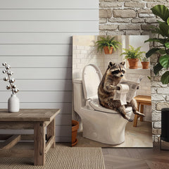Maxcorners Raccoon Sitting on Toilet Reading Newspaper Bathroom Humor Canvas Wall Art
