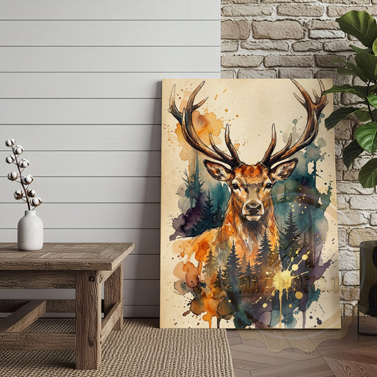 Maxcorners Watercolor Deer Canvas Art - Teal and Orange Forest Silhouette