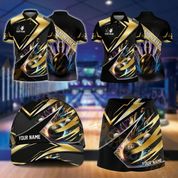 Maxcorners Bowling Black Gold Luxury Geometric Design Personalized Team Sportswear Set - Polo Shirt, Cap & Skorts