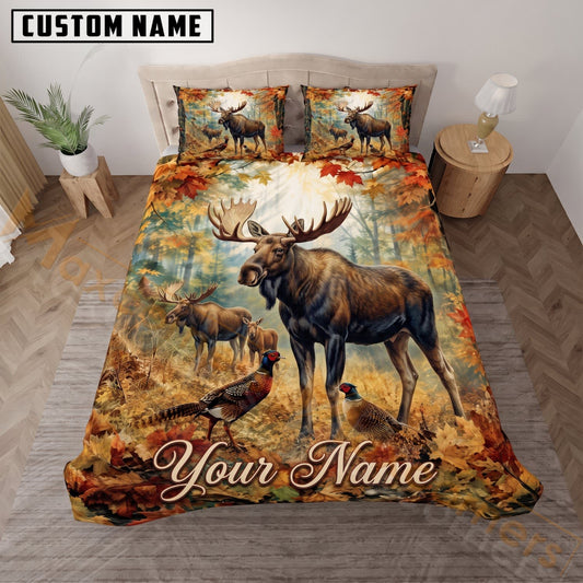 Maxcorners Moose Hunting Vintage Autumn Forest Custom Name 3D Bedding Set