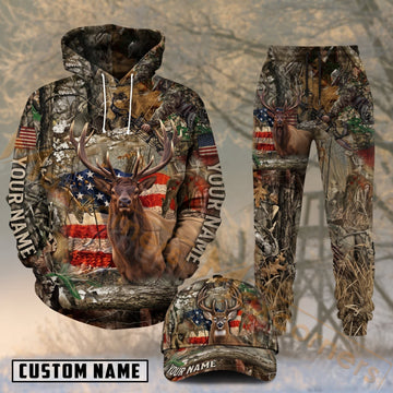 Maxcorners Hunting Whitetail Buck Rustic American Flag Woodland Camo Personalized 3D Combo Hoodie, Sweatpants Set & Cap