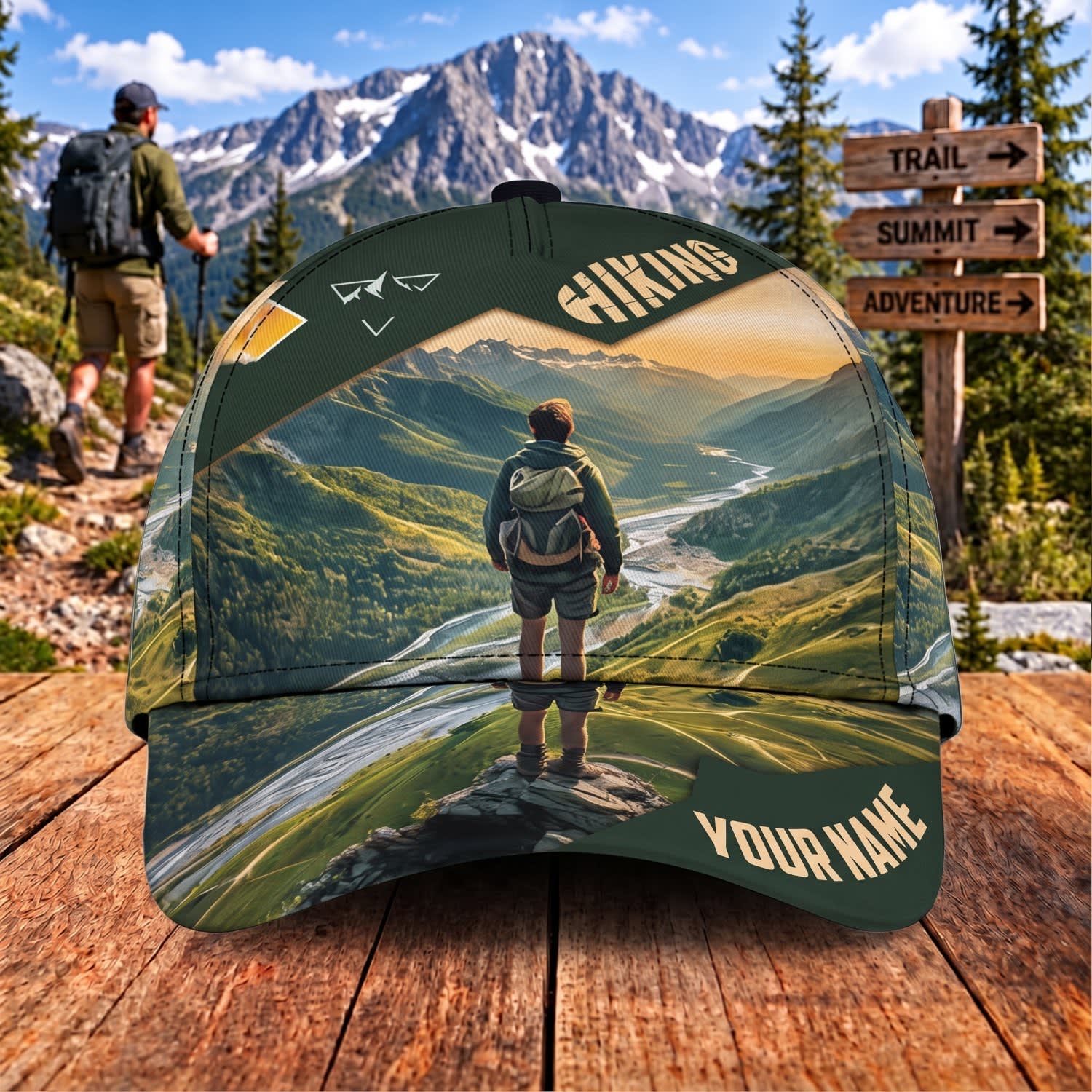 Maxcorners Hiking Scenic Mountain Trail Backpacker Personalized Name 3D Cap