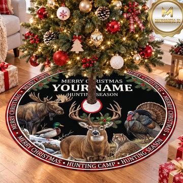 Maxcorners Hunting Buck Deer Red Plaid Forest Personalized Name 3D Christmas Tree Skirt