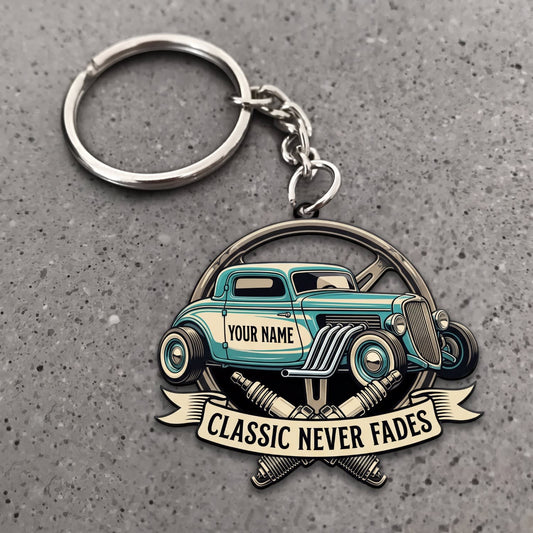 Maxcorners Classic Car Mint Green Vintage Beetle with Retro Garage Badge Personalized Name 3D Keychain And Ornament
