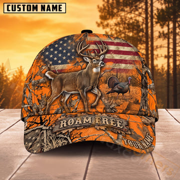 Maxcorners Whitetail Deer Hunting American Flag Roam Free Personalized Name 3D Cap