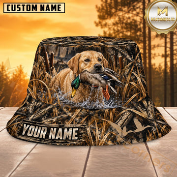 Maxcorners Waterfowl Hunting Labrador Reeds Camo Personalized Name 3D Bucket Hat