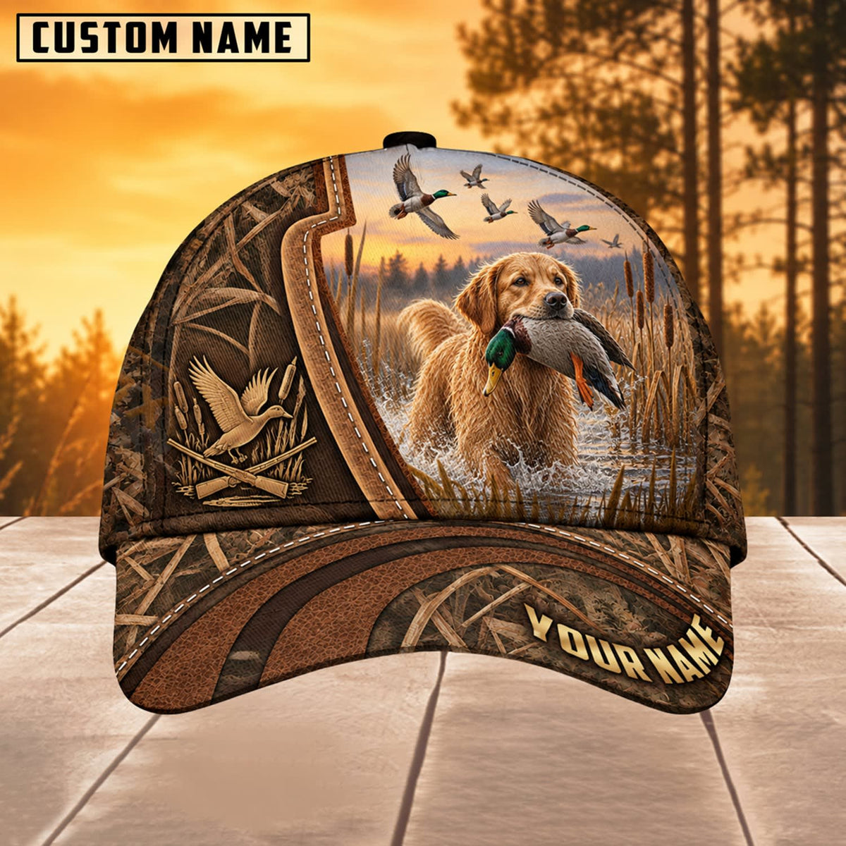 Maxcorners Dog Hunting And Duck Rustic Woodgrain Marshland Scene Multiple Options Personalized Name 3D Cap