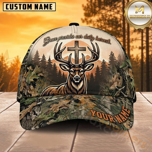 Maxcorners Deer Hunting Whitetail Deer Skull Mountain Sunset Cross Camo Customized Name 3D Cap