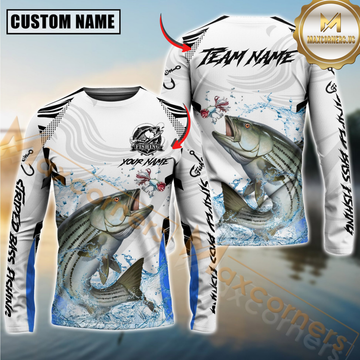 Maxcorners Striped Bass Fishing White Black Curve Pattern Design Custom Name & Team Name 3D Shirts