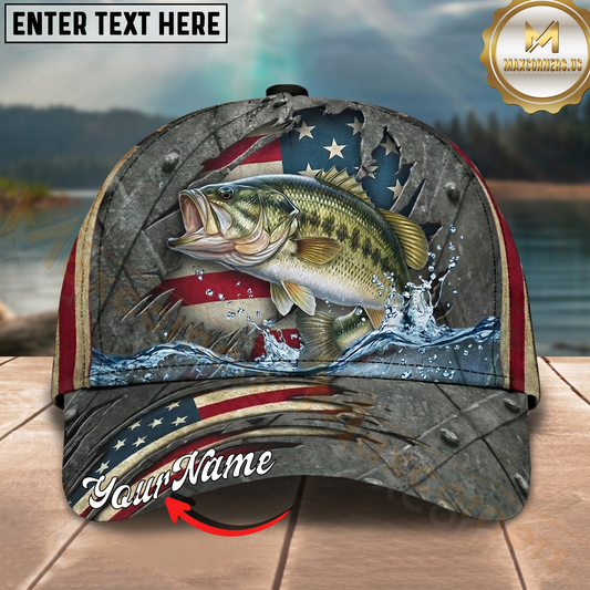 Maxcorners Fishing Vintage American Flag Metal Texture Personalized 3D Cap (12 Fish Species)