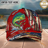 Maxcorners Fishing Ripped Red American Flag Hook Personalized Name 3D Cap (12 Fish Species)