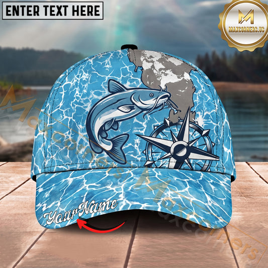 Maxcorners Fishing Coastal Compass Artwork Personalized Name 3D Cap (12 Fish Species)