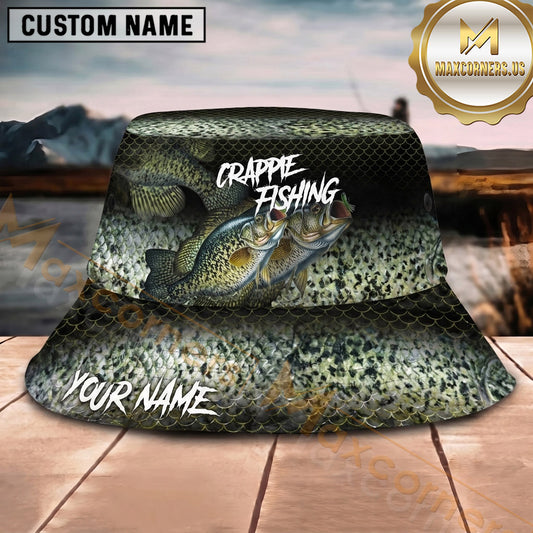Maxcorners Fishing Dark Aquatic Collage Scale Pattern Personalized 3D Bucket Hat (13 Fish Species)