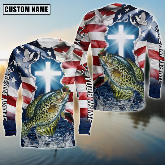 Maxcorners Crappie Fishing Cross Jesus With Flag of the United States Pattern Sport Custom Name & Team Name 3D Shirts