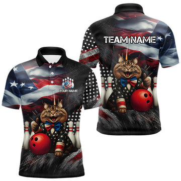 Maxcorners American Flag Funny Cat Bowling Shirt for Men Custom Bowling League Jersey Polo & 1/4 Zip Shirt